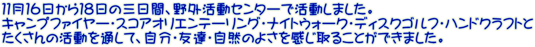 �P�P���P�U������P�W���̎O���ԁA��O�����Z���^�[�Ŋ������܂����B �L�����v�t�@�C���[�E�X�R�A�I���G���e�[�����O�E�i�C�g�E�H�[�N�E�f�B�X�N�S���t�E�n���h�N���t�g�� ��������̊�����ʂ��āA�����E�F�B�E���R�̂悳��������邱�Ƃ��ł��܂����B